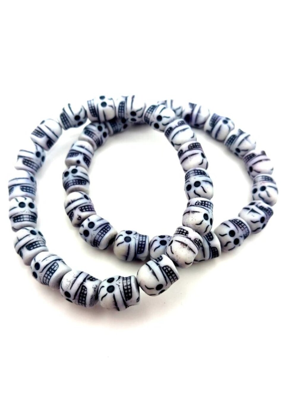 Skull White+ Black Beaded Stretchy Bracelets Lot Of TWO